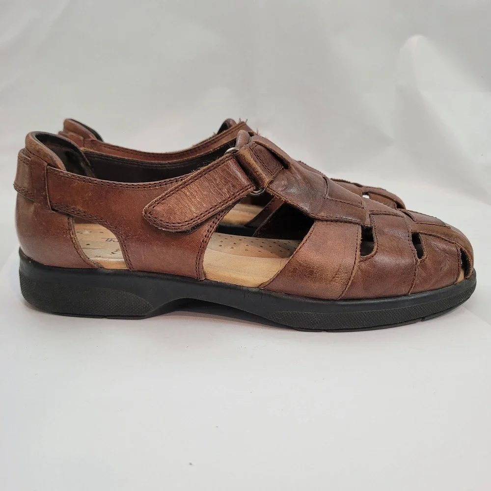Thom McAn Fisherman Sandals Mens Brown Leather Woven Hook Loop Comfort 9
